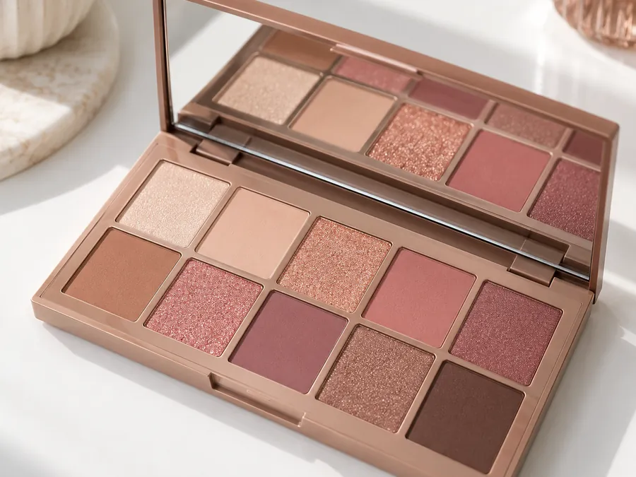 Paleta de sombras rosadas con espejo