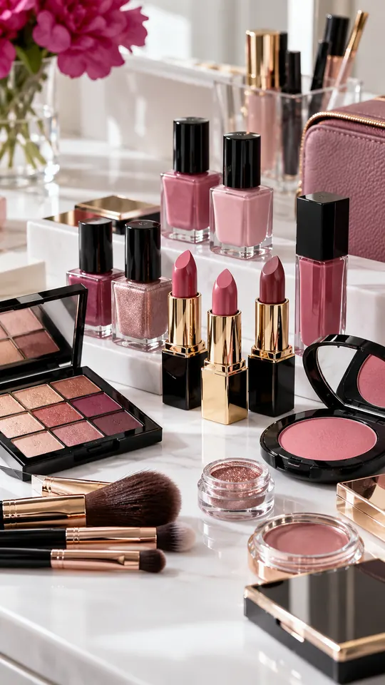 Tocador con esmaltes, labiales, paleta de sombras, rubor y brochas